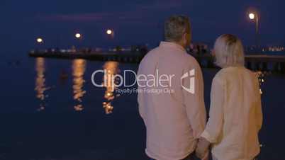 Loving senior couple on water-front at night