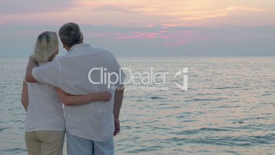 Loving senior couple enjoying evening seascape