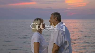 Smiling senior couple by the ocean at sunset