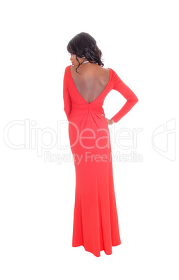 African American woman red long dress from back.