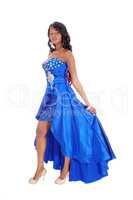 African American woman in blue long dress.