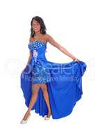 Beautiful African American woman in blue dress.