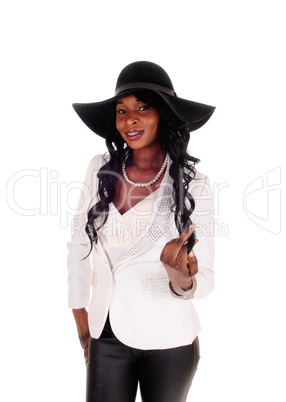 African American woman with black hat.