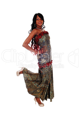 Gorgeous African American woman in long dress.