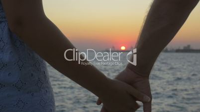 Young couple holding hands at sunset