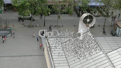 A great number of pigeons flying around square in Paris