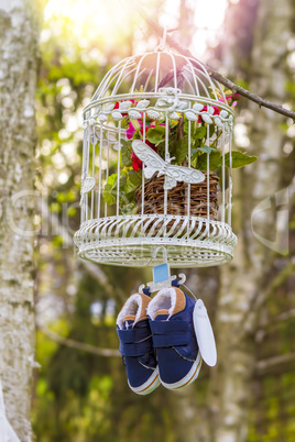 blue baby shoes hanging from a cage and branch