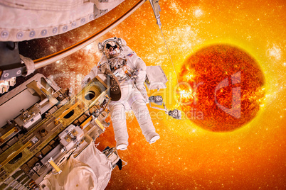 Spacecraft and astronauts in space on background sun star