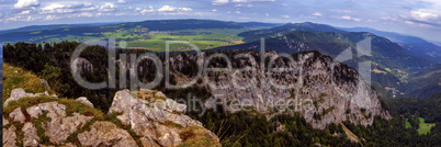 Panoramic view from the Creux-du-Van or Creux du Van rocky cirque, Neuchatel canton, Switzerland