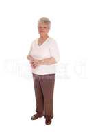 Elderly woman standing for white background.