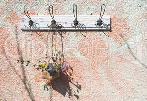 Flowers in the basket on hanger on a wall.