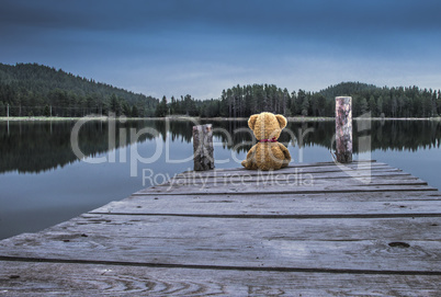 Teddy bear sitting on a pier