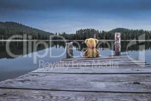 Teddy bear sitting on a pier
