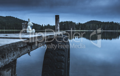 Fluffy toy bunny sitting on a pier