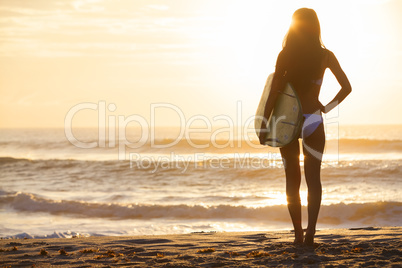 Woman Bikini Surfer & Surfboard Sunset Beach