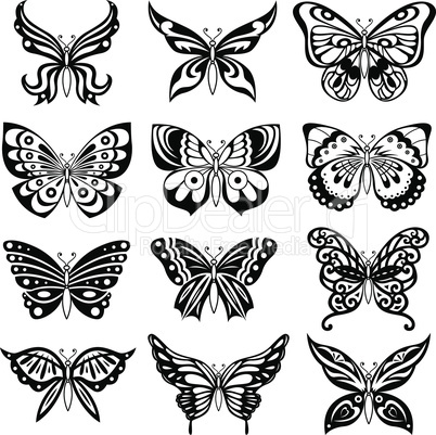 Set of twelve black butterflies