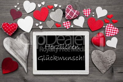 Gray Chalkbord, Red Hearts, Herzlichen Glueckwunsch Means Congratulations