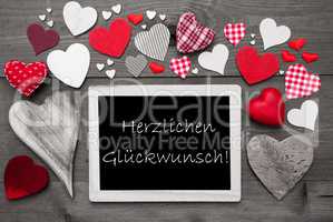Gray Chalkbord, Red Hearts, Herzlichen Glueckwunsch Means Congratulations