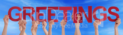 Many People Hands Holding Red Straight Word Greetings Blue Sky