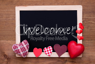 Blackboard With Textile Hearts, Text Welcome