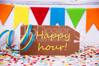 Label With Party Decoration, Text Happy Hour