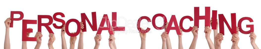 Many People Hands Holding Red Word Personal Coaching