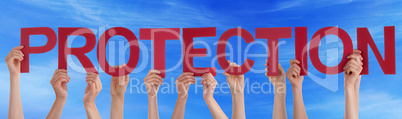 Many People Hands Holding Red Straight Word Protection Blue Sky