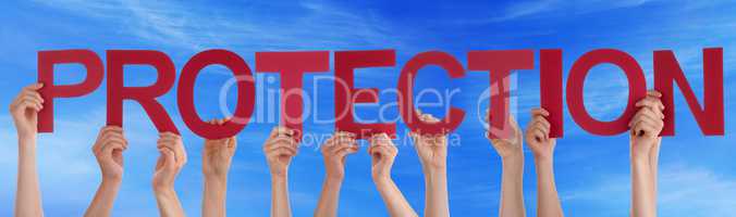Many People Hands Holding Red Straight Word Protection Blue Sky