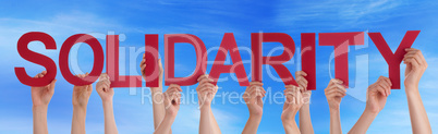 Many People Hands Holding Red Straight Word Solidarity Blue Sky