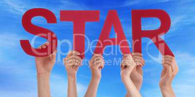 Many People Hands Holding Red Straight Word Star Blue Sky