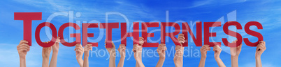 Many People Hands Holding Red Straight Word Togetherness Blue Sk