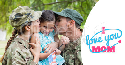 Composite image of army parents kissing daughter