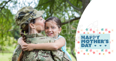 Composite image of mother in army uniform kissing daughter