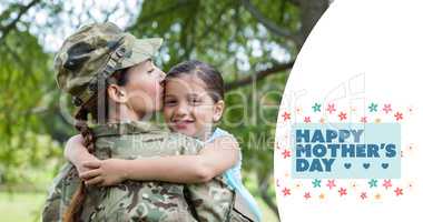 Composite image of mother in army uniform kissing daughter