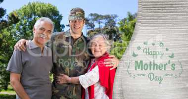 Composite image of portrait of army man with parents