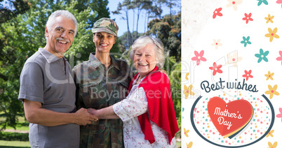 Composite image of portrait of army woman with parents