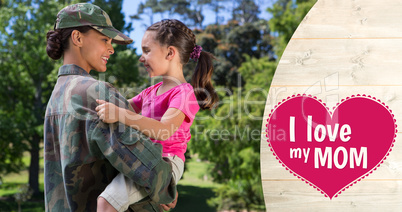 Composite image of army woman carrying daughter