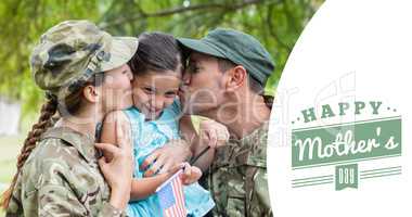 Composite image of army parents kissing daughter