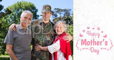 Composite image of portrait of army man with parents