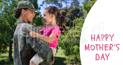 Composite image of army woman carrying daughter