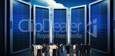 Composite image of rear view of multiethnic business people standing side by side