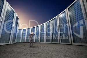 Composite image of rear view of doubtful mature businessman