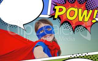 Composite image of smiling masked girl pretending to be superhero