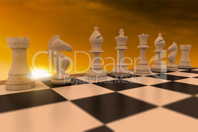 Composite image of white chess pieces in a row