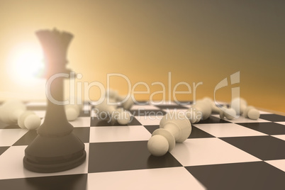 Composite image of black queen standing with fallen white pawns