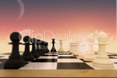 Composite image of white and black pawns facing off with king and queen