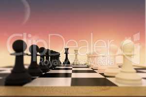 Composite image of white and black pawns facing off with king and queen