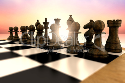 Composite image of black chess pieces on board