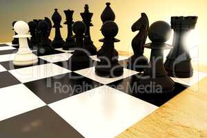 Composite image of black chess pieces on board with white pawn