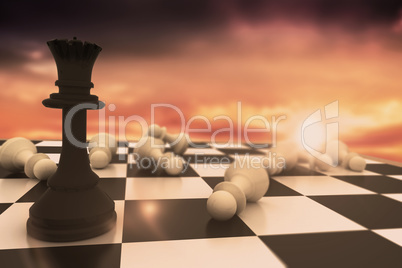 Composite image of black queen standing with fallen white pawns